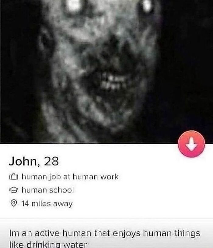 Distorted eerie face with a strange dating profile, fitting the weird and unhinged type of humor memes.