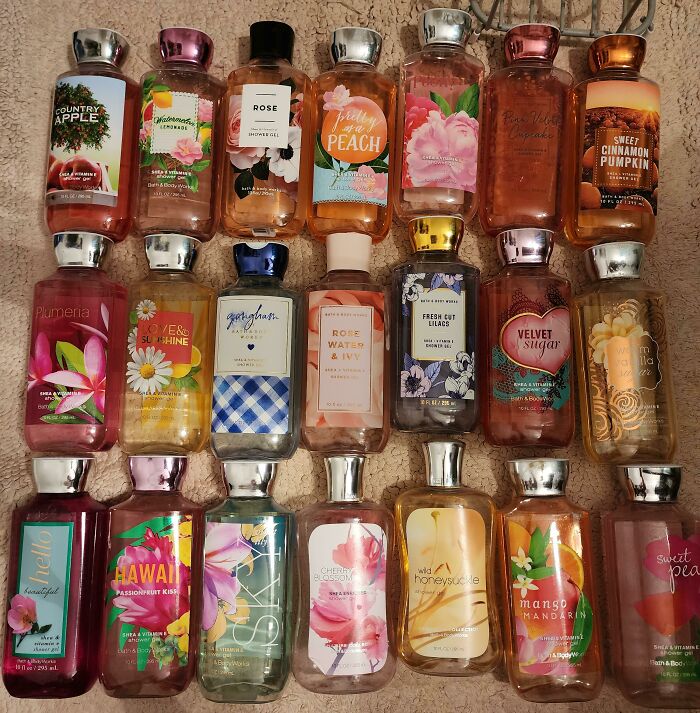 Collection of scented shower gels showing trends contributing to overconsumption in personal care products.