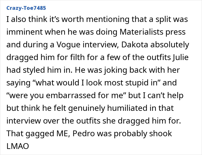 Comment discussing Pedro Pascal's stylist split amid controversy from Twitter rants and fan reactions. Comment discussing Pedro Pascal's stylist split amid controversy from Twitter rants and fan reactions.