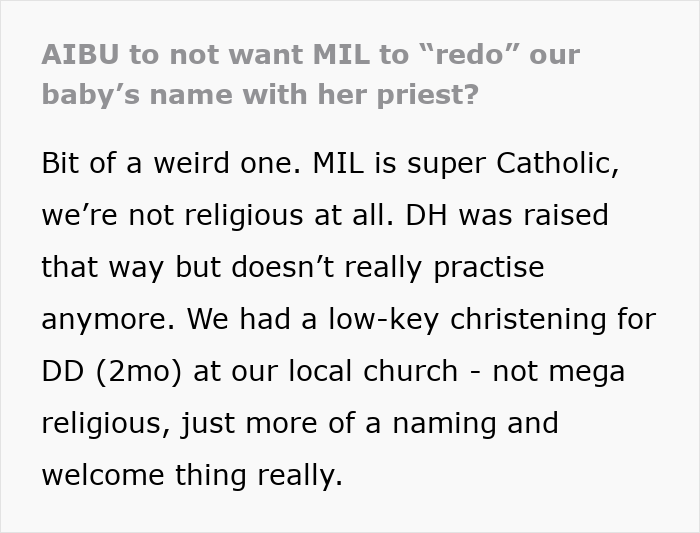 Text excerpt about MIL demanding a more Christian baby name causing discomfort, discussing religion and naming.