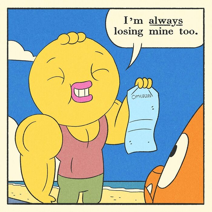 Bodybuilding duck with muscular arms sitting on a green gym bench by the beach with a surprised expression.