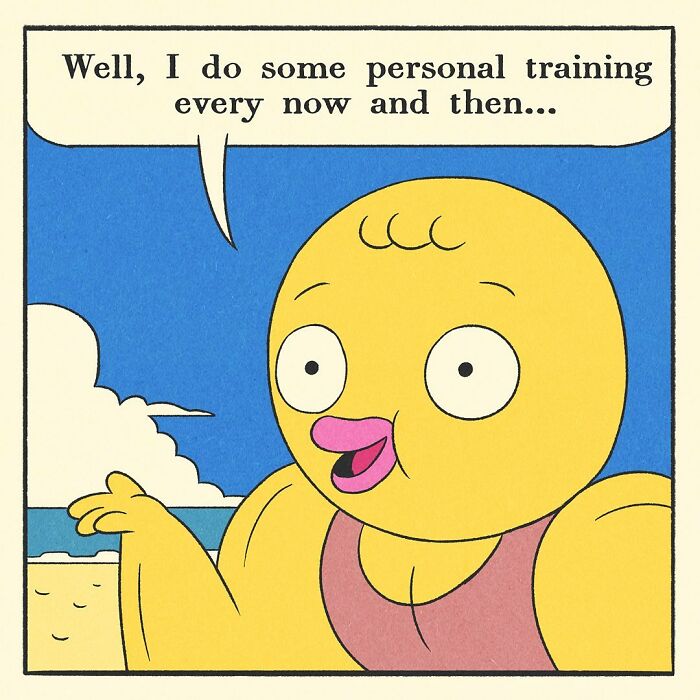 Comic panel showing a bodybuilding duck encouraging friends at the gym with a friendly and soft-hearted expression.