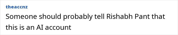 Text post from user theaccnz stating someone should probably tell Rishabh Pant that this is an AI account referring to a fake influencer. Text post from user theaccnz stating someone should probably tell Rishabh Pant that this is an AI account referring to a fake influencer.