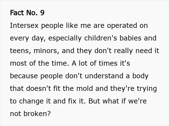 Fact text explaining intersex experiences with surgeries, highlighting differences of intersex woman with XY chromosome. Fact text explaining intersex experiences with surgeries, highlighting differences of intersex woman with XY chromosome.