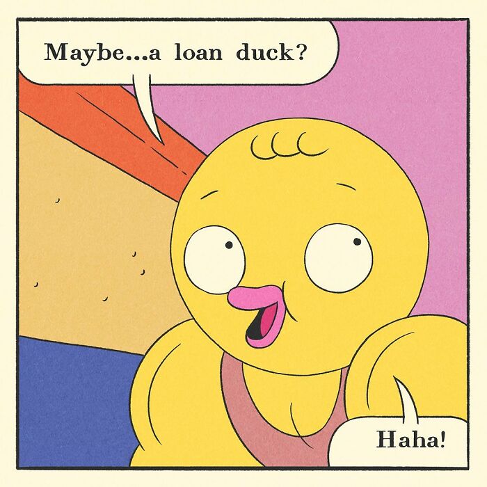 Comic panel showing a colorful balcony with a speech bubble about being offered a job, part of a bodybuilding duck story.