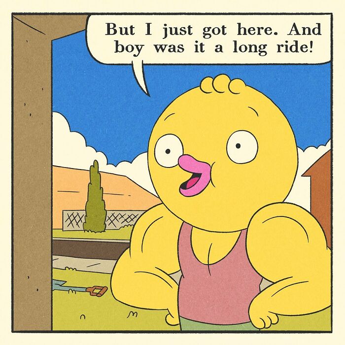 Bodybuilding duck locking a pink bicycle on a suburban street in a comic style with bright colors and clear sky background.