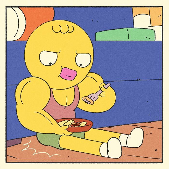 Close-up of a comic panel showing a hand with a fork reaching into a tray of food, related to bodybuilding duck artwork.