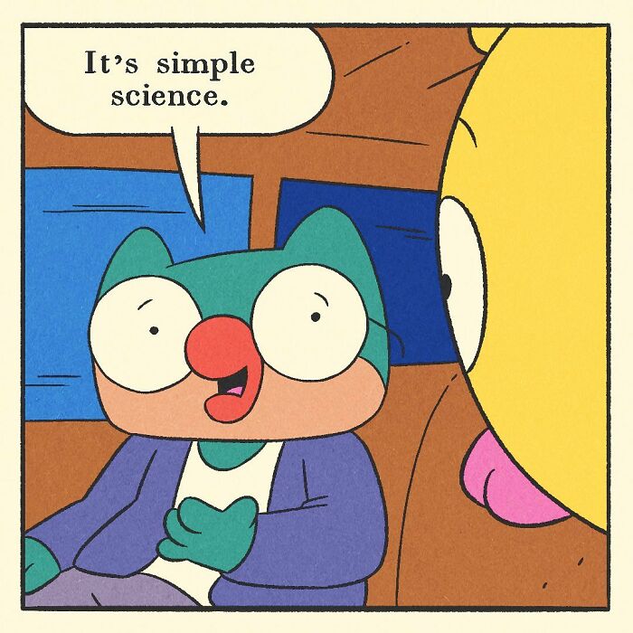 Comic panel featuring a bodybuilding duck driving a red car with a cat passenger, showcasing the character’s soft heart.