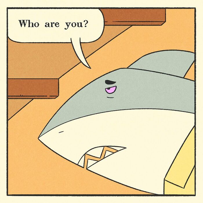 Comic panel featuring a shark character saying a harsh line, part of a bodybuilding duck comic with a soft heart theme.
