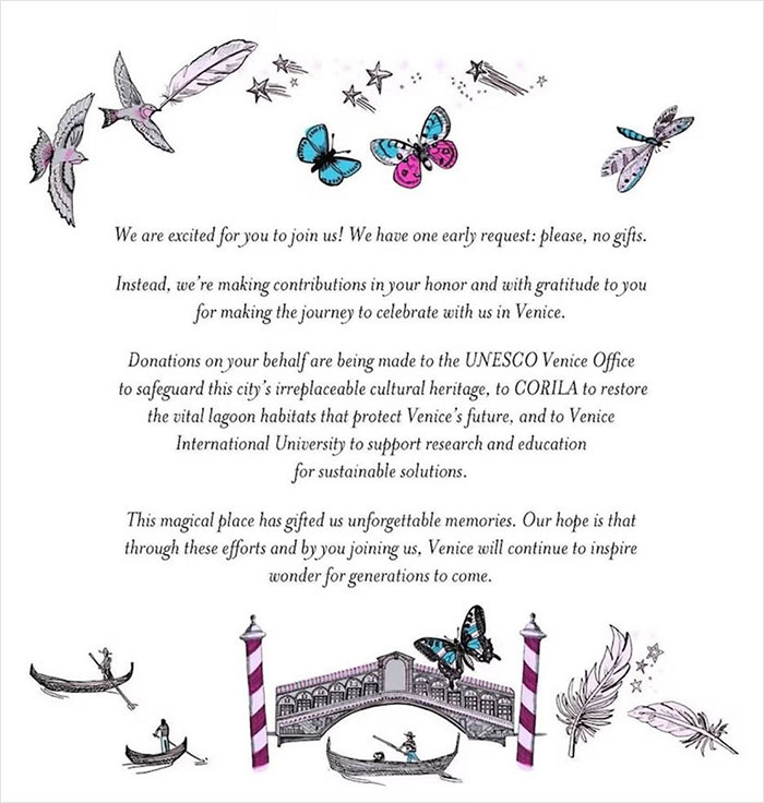 Wedding invitation with butterflies, feathers, and Venice gondolas highlighting Jeff Bezos and Lauren Sánchez's Venice event.