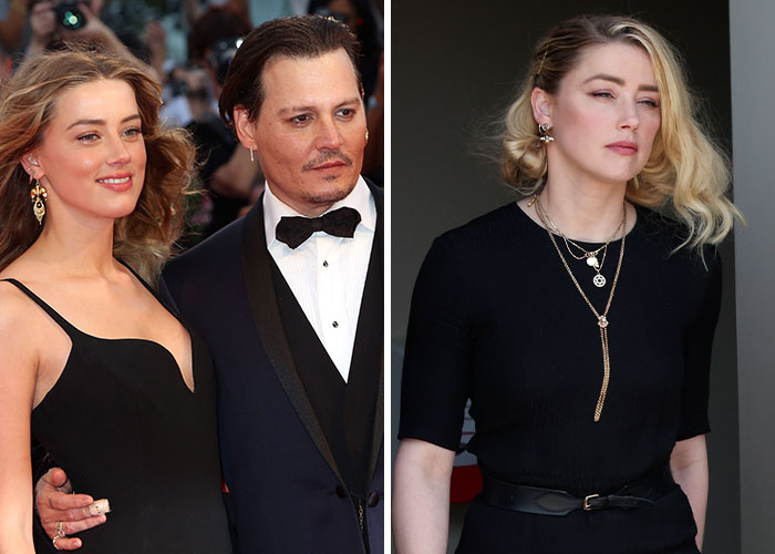 Amber Heard and Johnny Depp at a formal event on the left, and Amber Heard alone looking serious on the right, stars discussed in scandal. Amber Heard and Johnny Depp at a formal event on the left, and Amber Heard alone looking serious on the right, stars discussed in scandal.