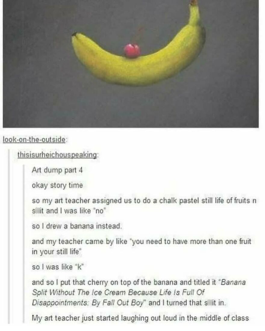 Chalk pastel drawing of a banana with a cherry on top, creating a humorous still life fruit artwork.