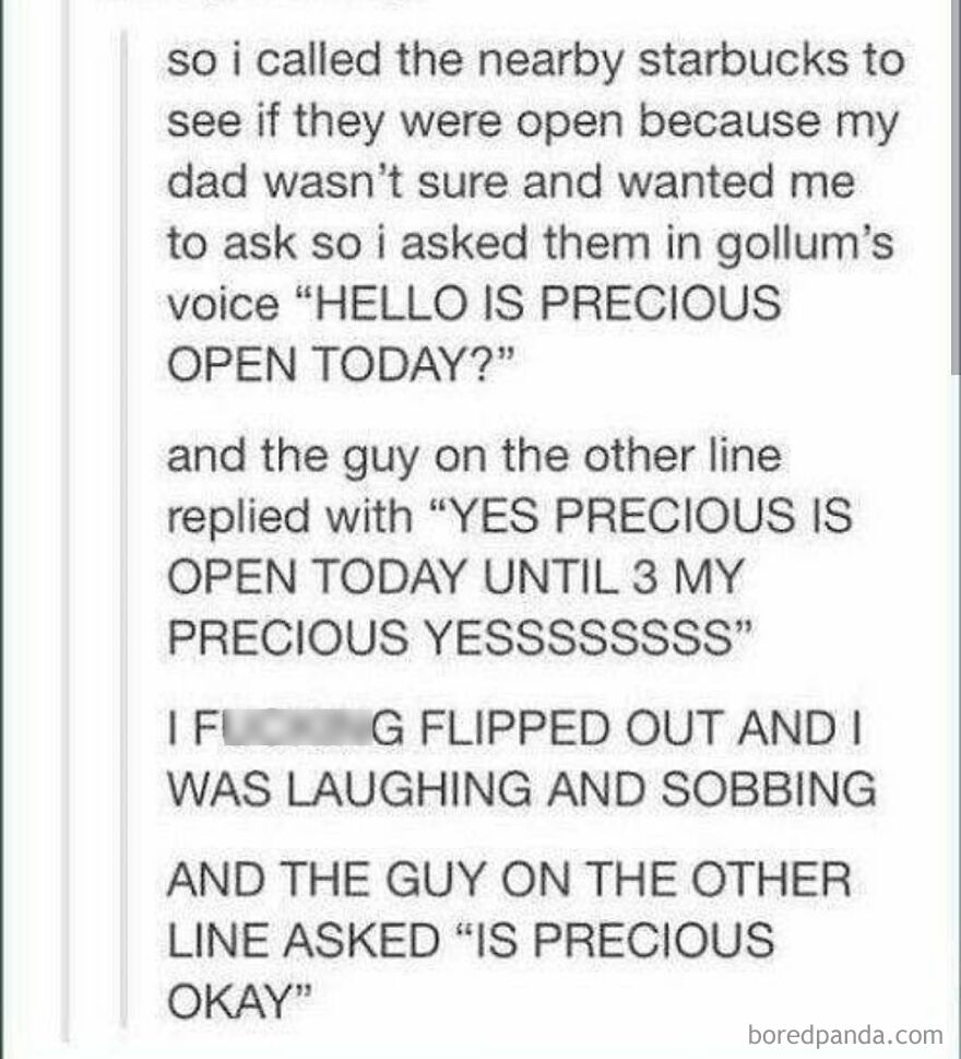 Text conversation about calling Starbucks in a funny voice, a totally true story that happened, showing a humorous interaction on the phone.