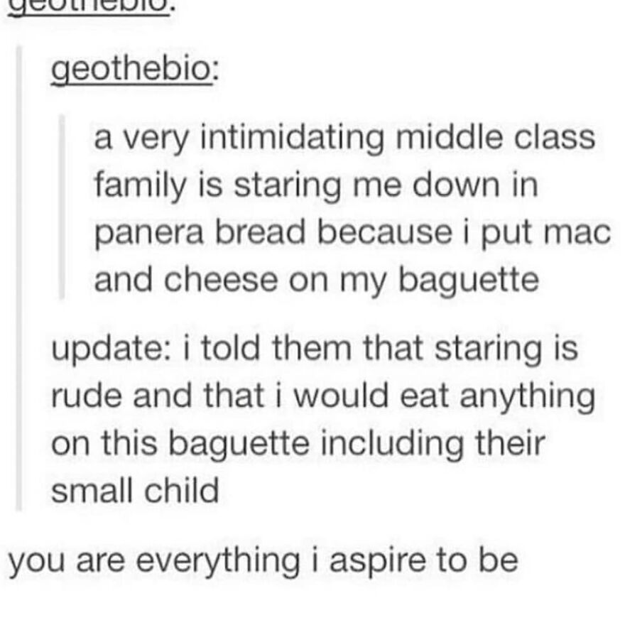 Text post about an intimidating middle-class family staring at someone for putting mac and cheese on a baguette.