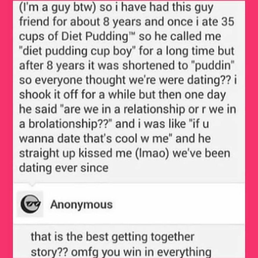 Alt text: Text story about a unique relationship moment from true stories that 100% happened shared online.