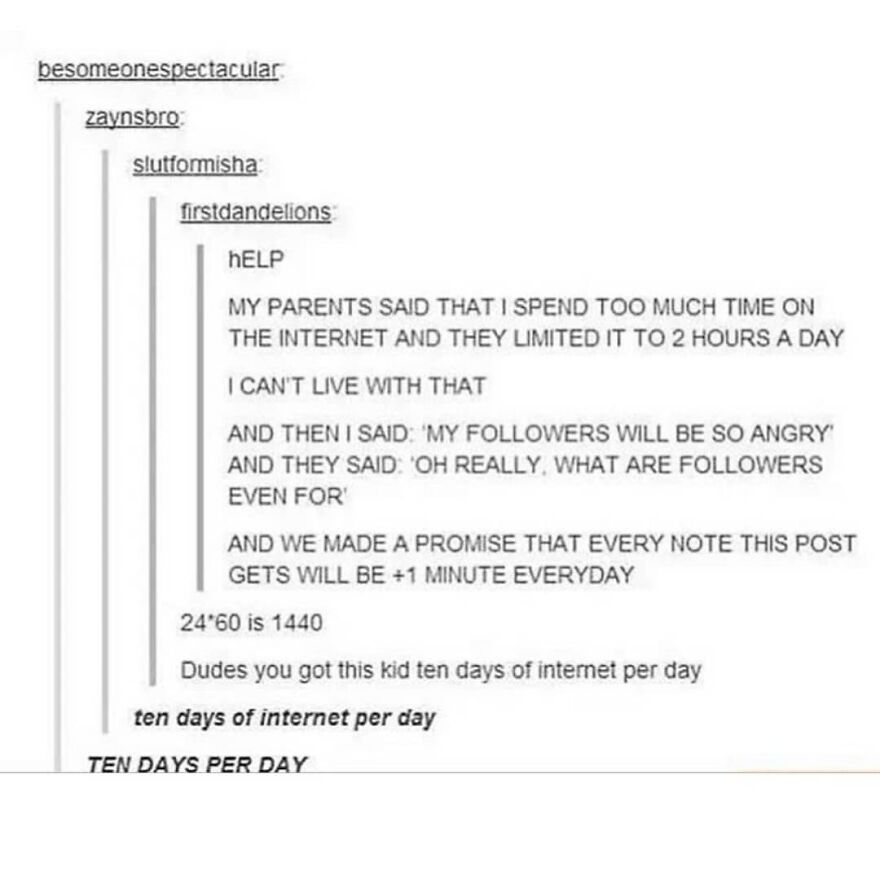 Screenshot of a social media post humorously discussing internet time limits in totally true stories shared online.