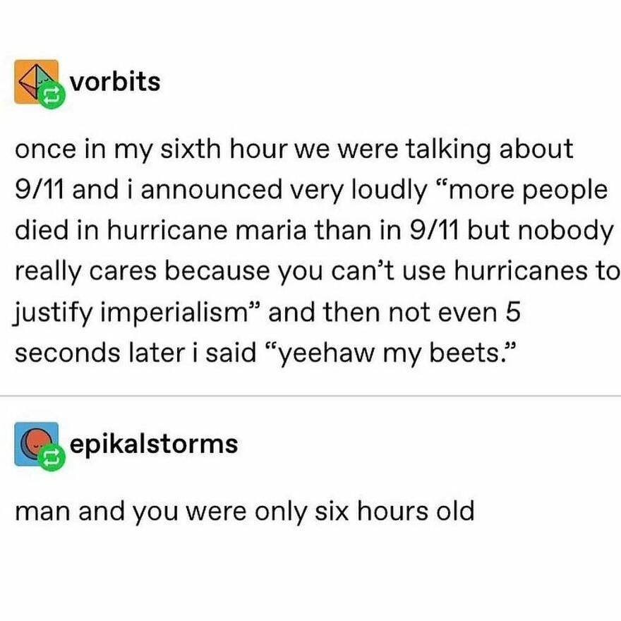 Text post about a student loudly comparing Hurricane Maria and 9/11 during class, an example of totally true stories.