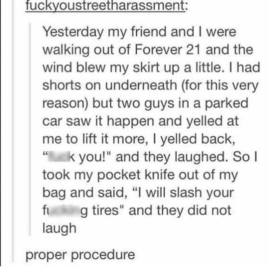 Text post recounting a true story of street harassment during a walk outside Forever 21, showing quick witty response.