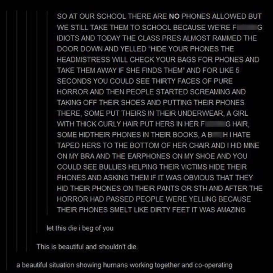 Text post describing a true story about students hiding phones at school despite a no-phone rule, showing cooperation.