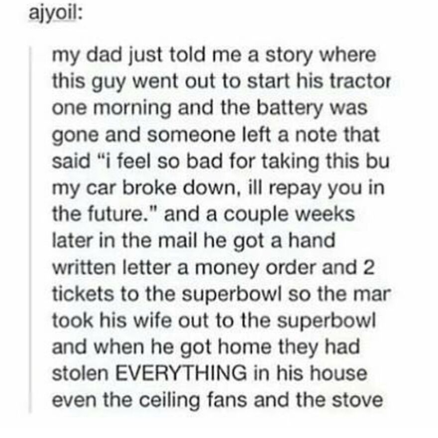 Text story about a tractor battery theft, a note promising repayment, and a surprising twist in true stories that happened.