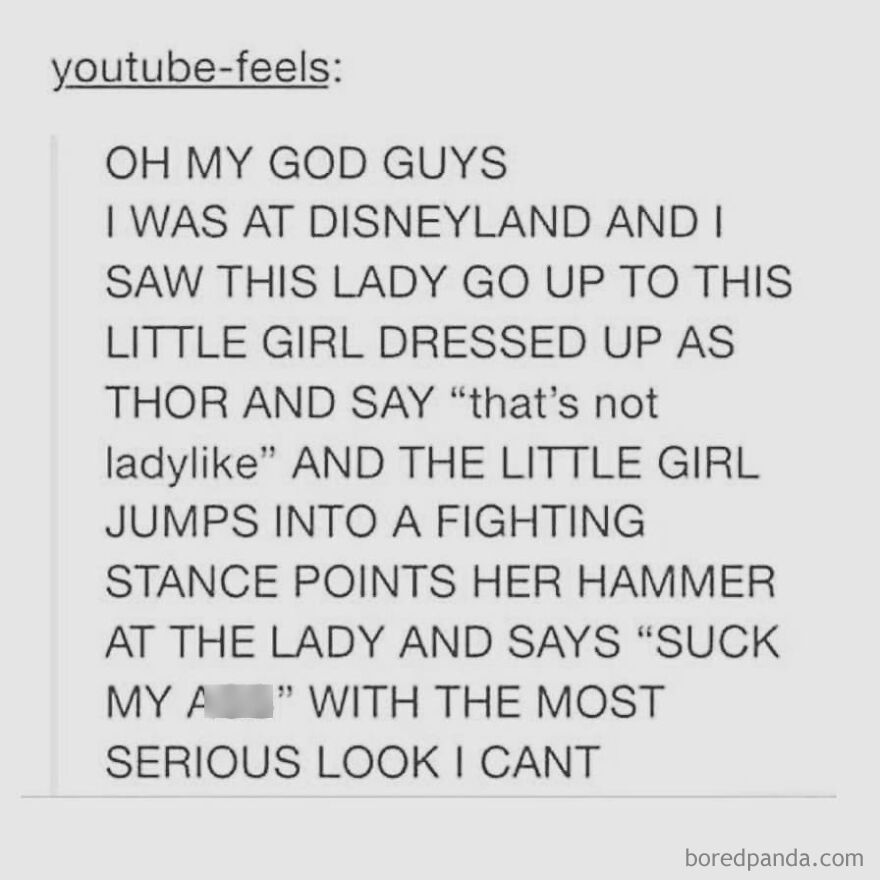 Text post about a true story from Disneyland where a little girl dressed as Thor stands up confidently in a fighting stance.