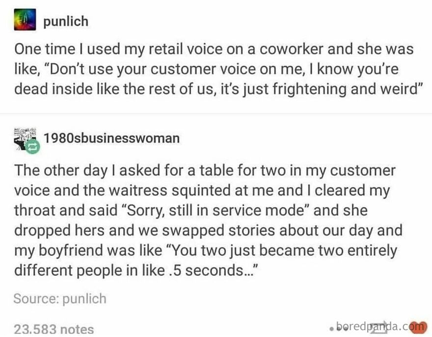 Text post sharing a funny customer voice story, part of totally true stories that 100% happened.