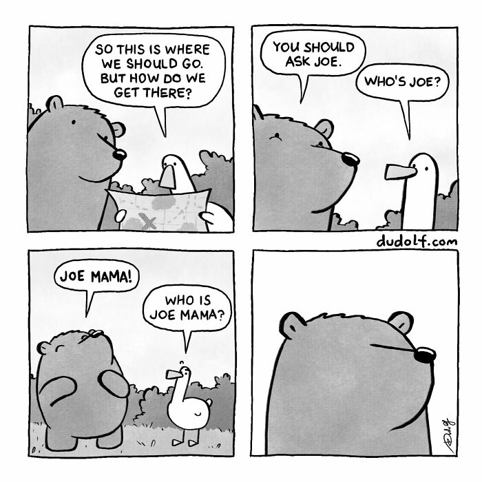 Bear and bird in a chuckleworthy comic about asking Joe, featuring four panels with playful dialogue and a map.