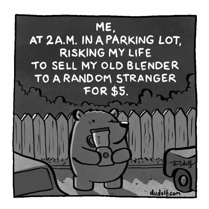 Comic of a bear at 2 A.M. holding a blender in a parking lot, illustrating chuckleworthy comics by the artist.