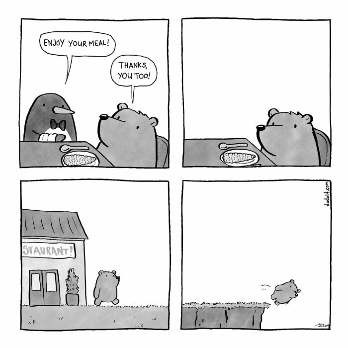 Bear sitting at a table with food in a chuckleworthy comic by this artist, humorously walking off a cliff outside a restaurant.