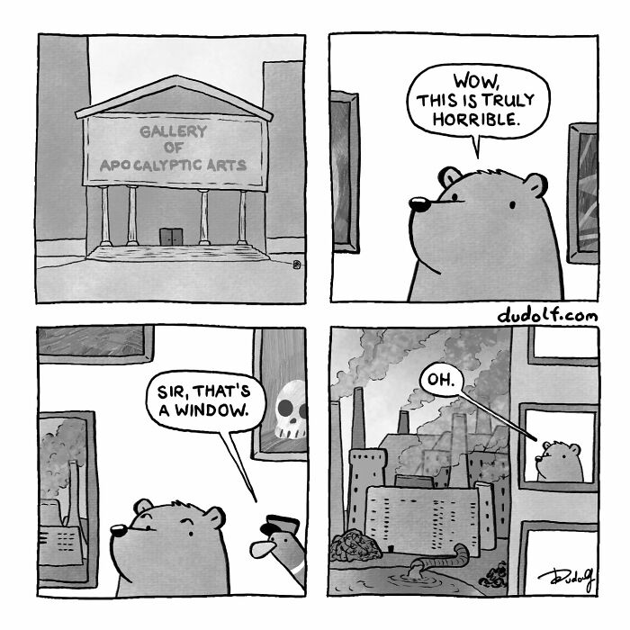 Bear comic in a gallery setting with humorous twist, showcasing chuckleworthy comics by the artist Dudolf.
