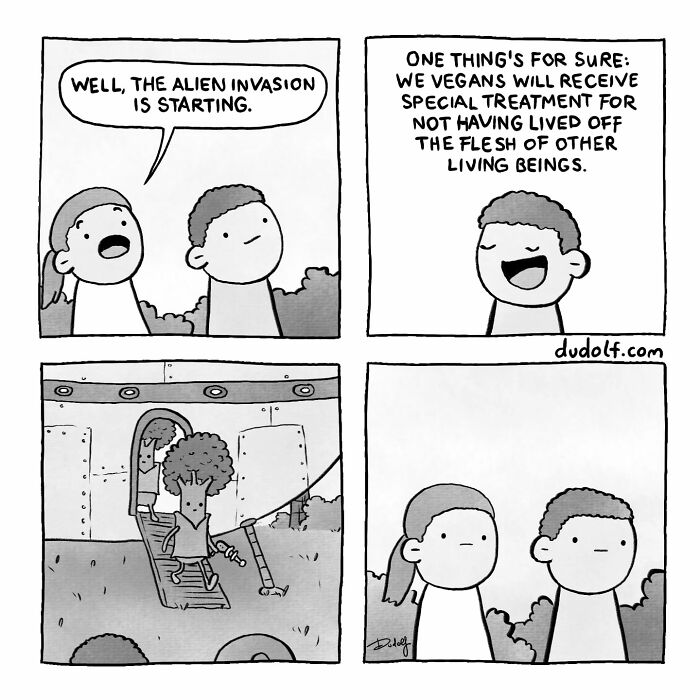 Black and white chuckleworthy comic by artist showing alien invasion and humorous vegan special treatment dialogue.