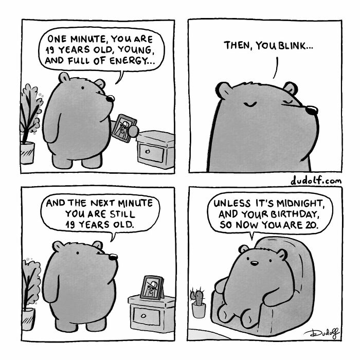 Chuckleworthy comic featuring a bear humorously reflecting on turning 20 from 19 in four simple panels.