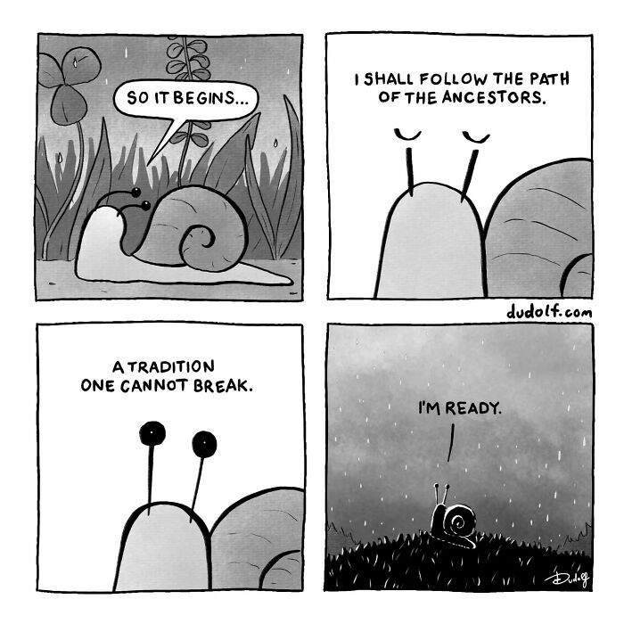Comic strip of a snail humorously following the path of ancestors, showcasing chuckleworthy comics by the artist.