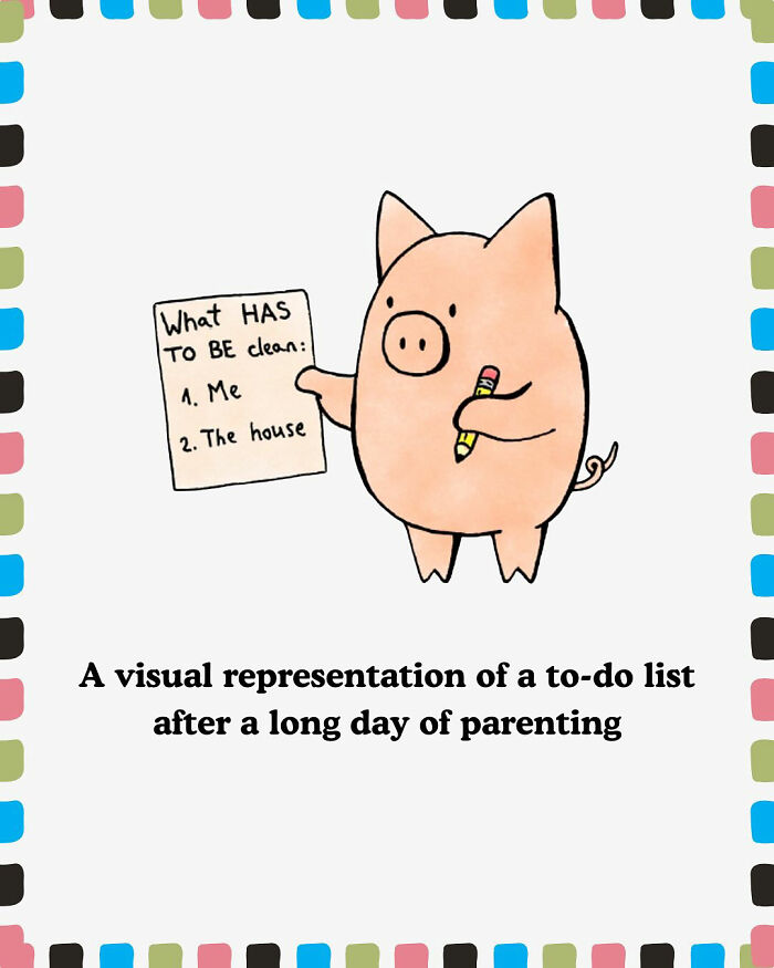 Cartoon pig holding a to-do list in a chuckleworthy comic style about parenting and cleaning tasks.