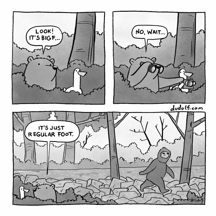 Comic strip featuring a bear and a duck spotting Bigfoot, fitting a chuckleworthy comics theme.