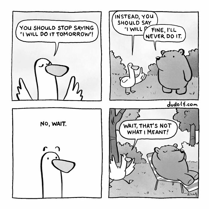 Comic strip by artist featuring humorous dialogue between a bird and a bear, showcasing chuckleworthy comics style.