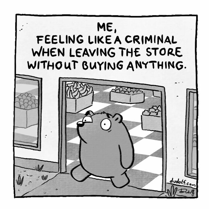 Comic of a bear feeling like a criminal leaving a store without buying anything, showcasing chuckleworthy comics style.