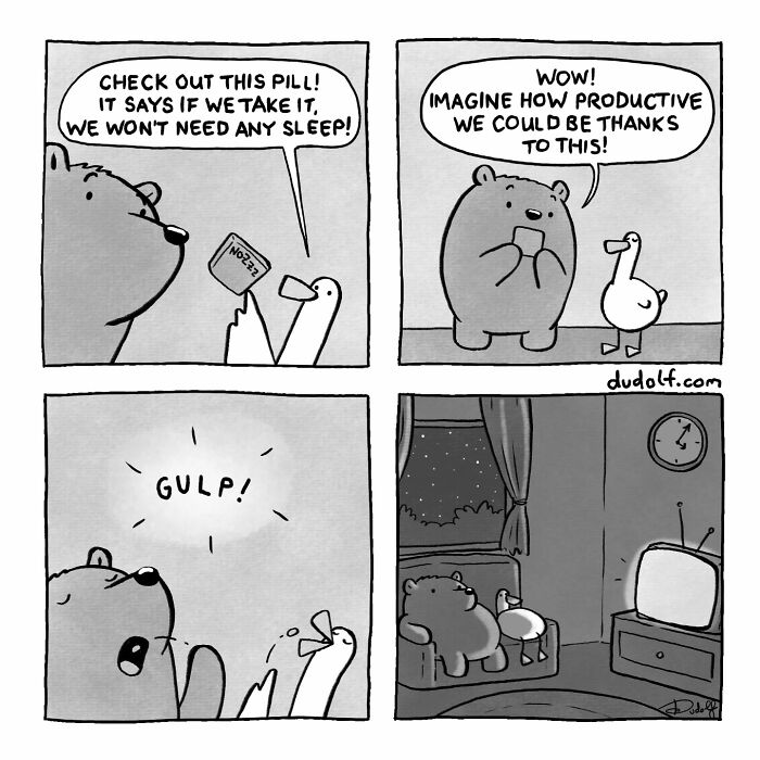 Comic strip featuring a bear and bird with a funny take on a pill that eliminates the need for sleep, chuckleworthy comics style.