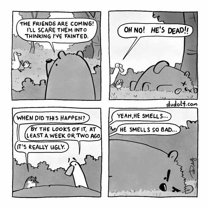 Comic strip showing animals reacting humorously to a bear playing dead, featuring chuckleworthy comics style by dudolf.