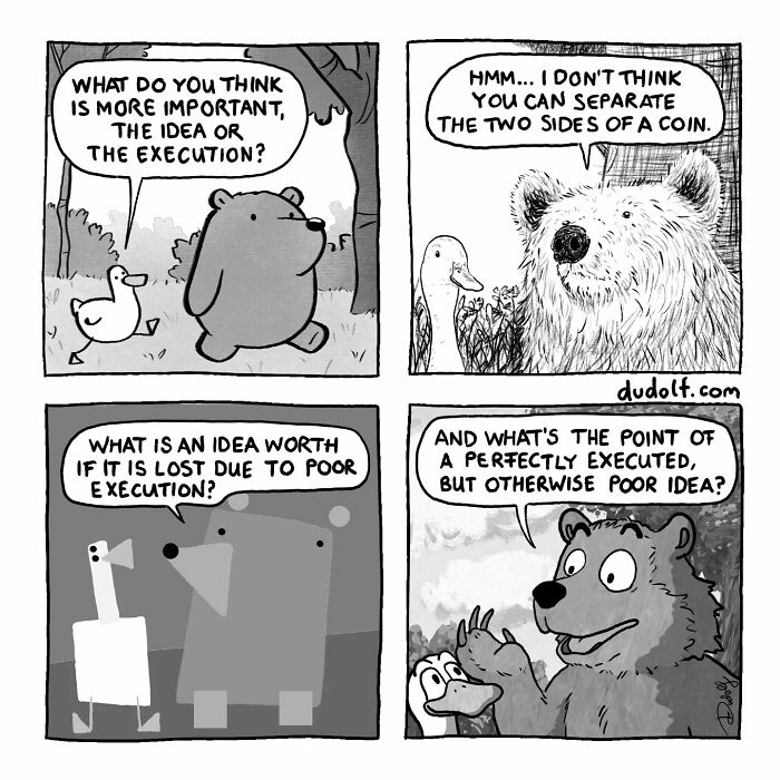 Black and white comic panels featuring animals discussing the importance of ideas and e*******n in a chuckleworthy comic style.