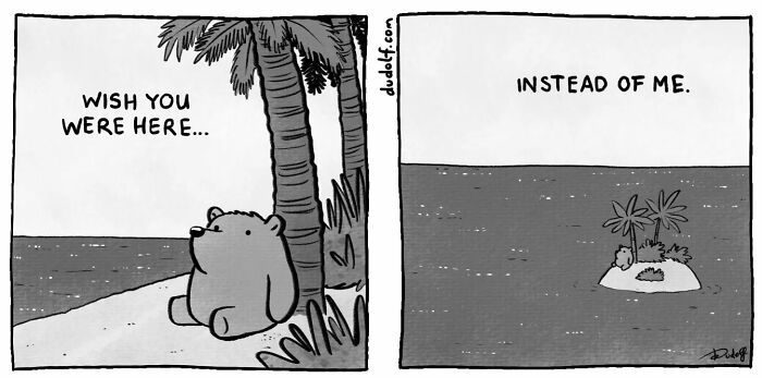 Bear sitting on a beach beside a palm tree in a chuckleworthy comic illustrating wishful thinking and solitude.
