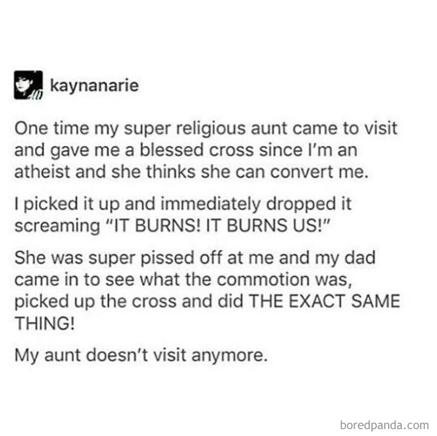 Text post from kaynanarie sharing a totally true story about a religious aunt and a blessed cross encounter.
