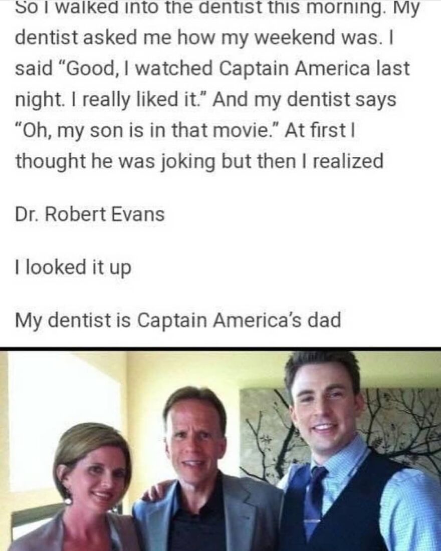 Photo of a man with his arm around two people, illustrating a totally true story about Captain America's dad.