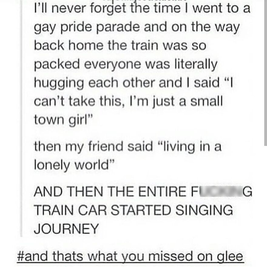 Text story about a packed train after a pride parade where passengers started singing Journey together.