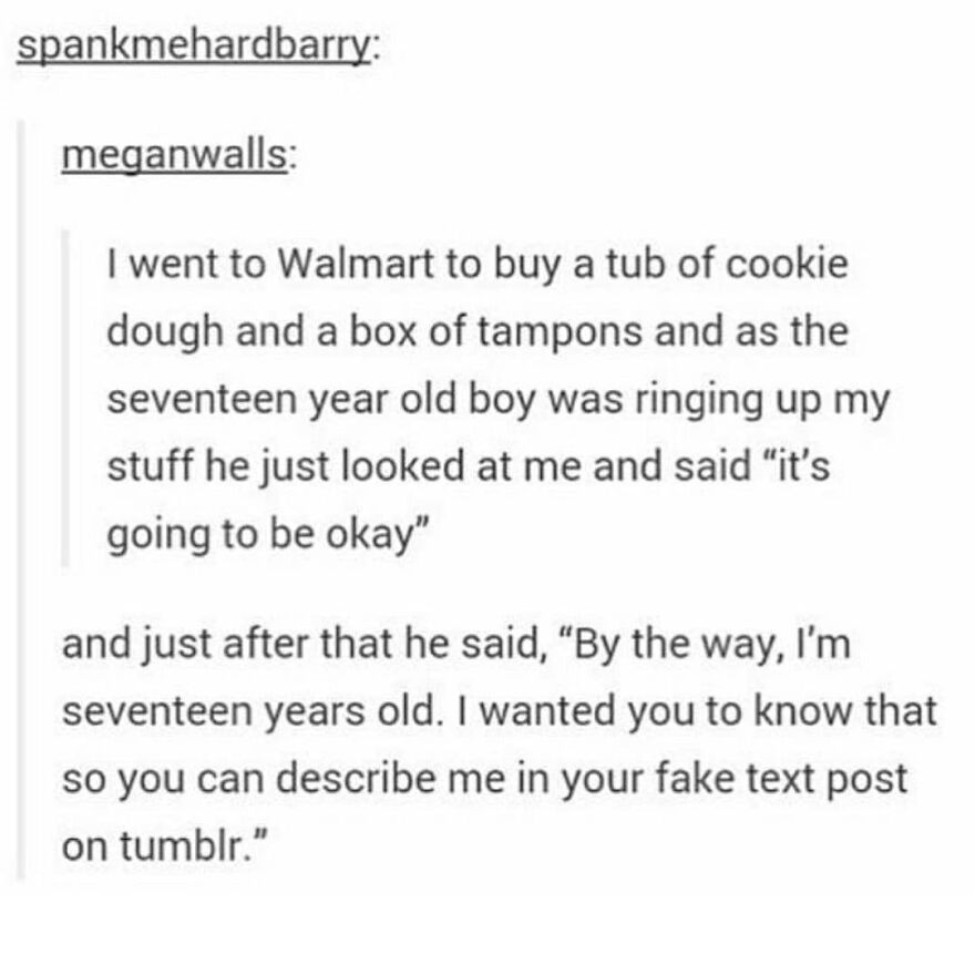 Screenshot of a funny and totally true story from a text post about a Walmart cashier comforting a customer.