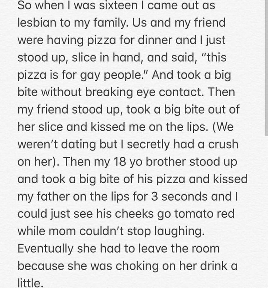 Text story about a coming out moment involving pizza and family reactions from totally true stories that happened.