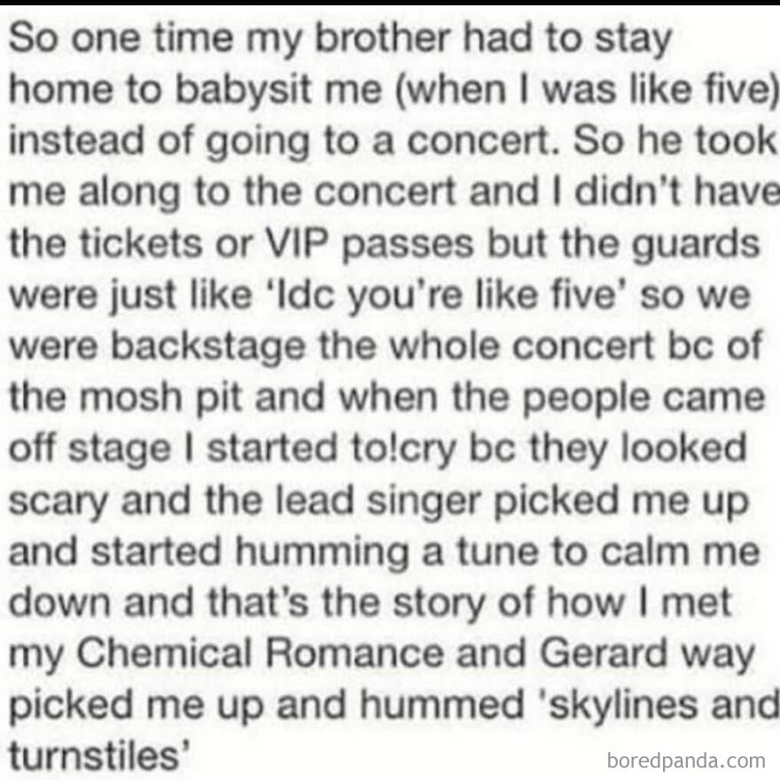 Text story about a childhood concert experience backstage with Chemical Romance, a true story that happened.