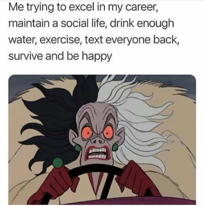 Cartoon character stressed while listing life goals in a relatable friendship meme about balancing career and happiness.