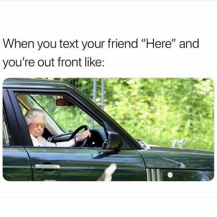 Elderly woman sitting in a car looking impatient, representing a relatable friendship meme about waiting for a friend.