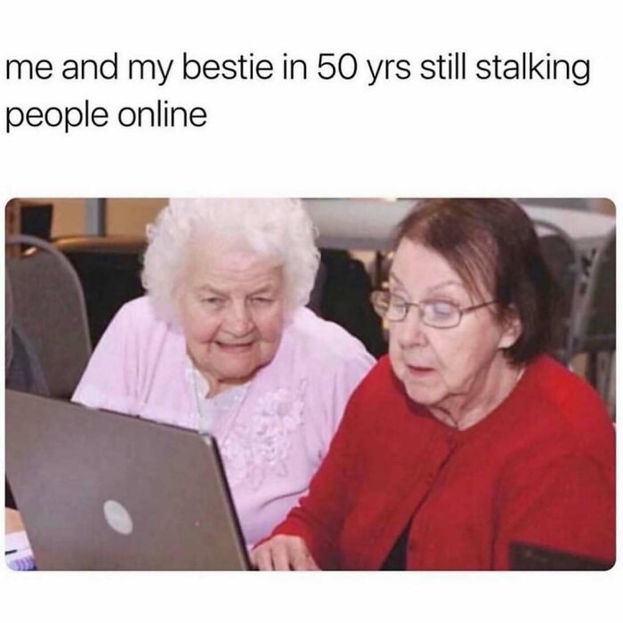Two elderly women looking at a laptop with a meme about friendship memes and online stalking humor.
